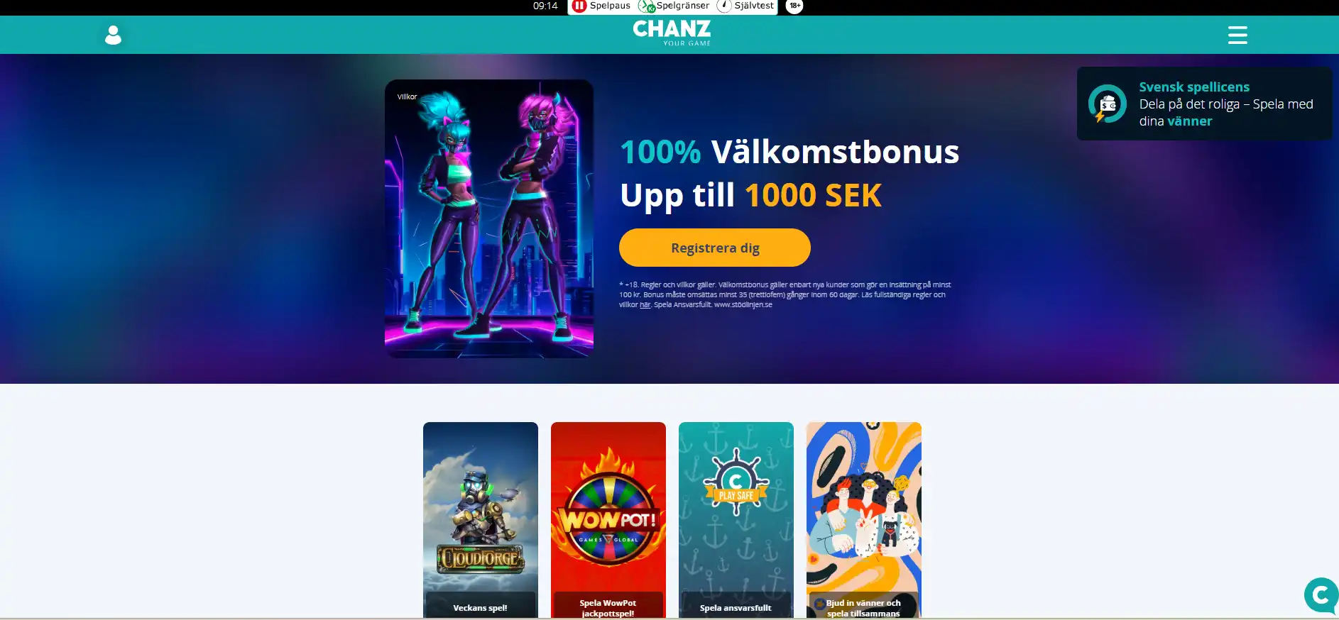 Chanz webbplats med navigering och översikt över spelkategorier