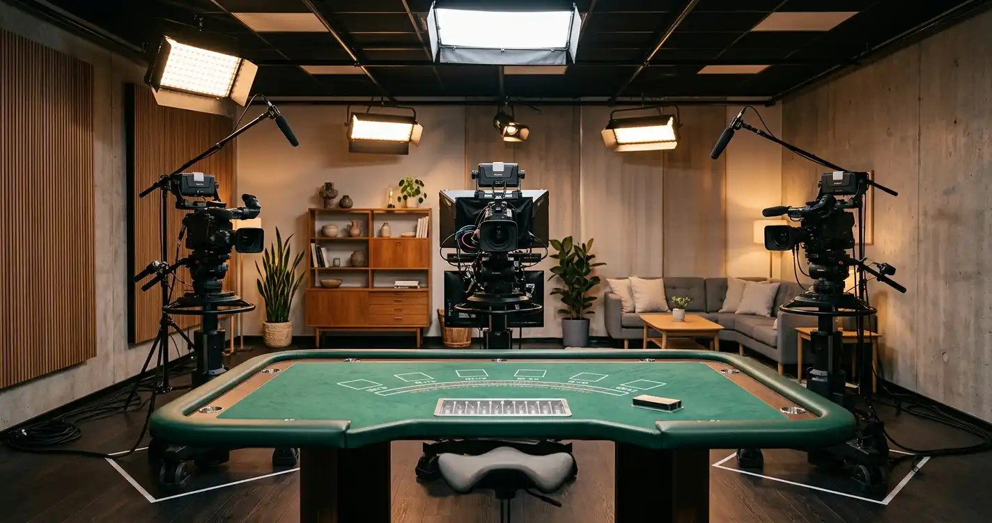 Ljus studio med ett grönt spelbord, kameror och en avskild sittgrupp