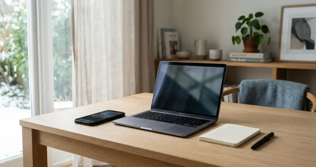 Mobiltelefon och bärbar dator på ett skrivbord med ett anteckningsblock