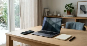 Mobiltelefon och bärbar dator på ett skrivbord med ett anteckningsblock