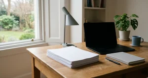 Dokument och anteckningsbok på ett skrivbord intill en bärbar dator