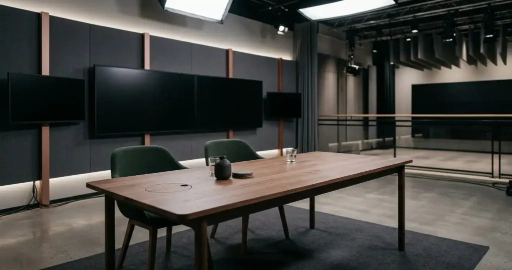 Ett mörkt studiobord med belysta ytor och tomma stolar