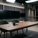 Ett mörkt studiobord med belysta ytor och tomma stolar