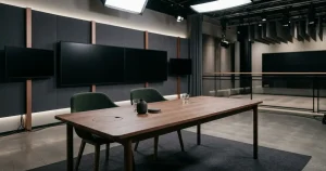 Ett mörkt studiobord med belysta ytor och tomma stolar